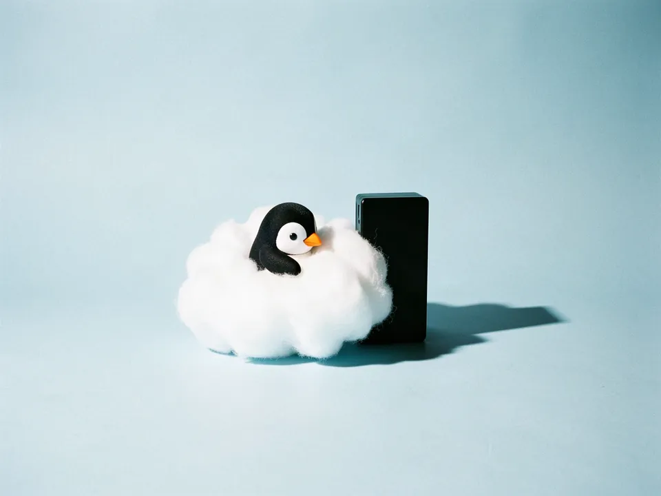 Un pingüino abrazando una nube de algodón junto a un disco duro