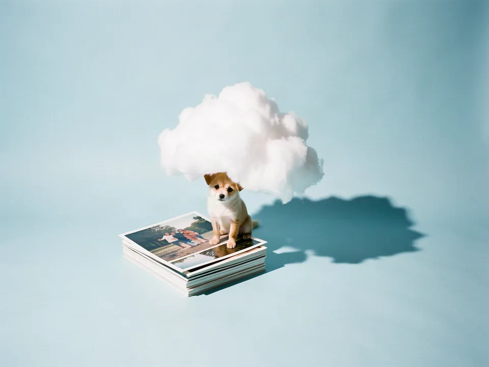 Un perrito bajo una nube de algodón junto a fotos antiguas