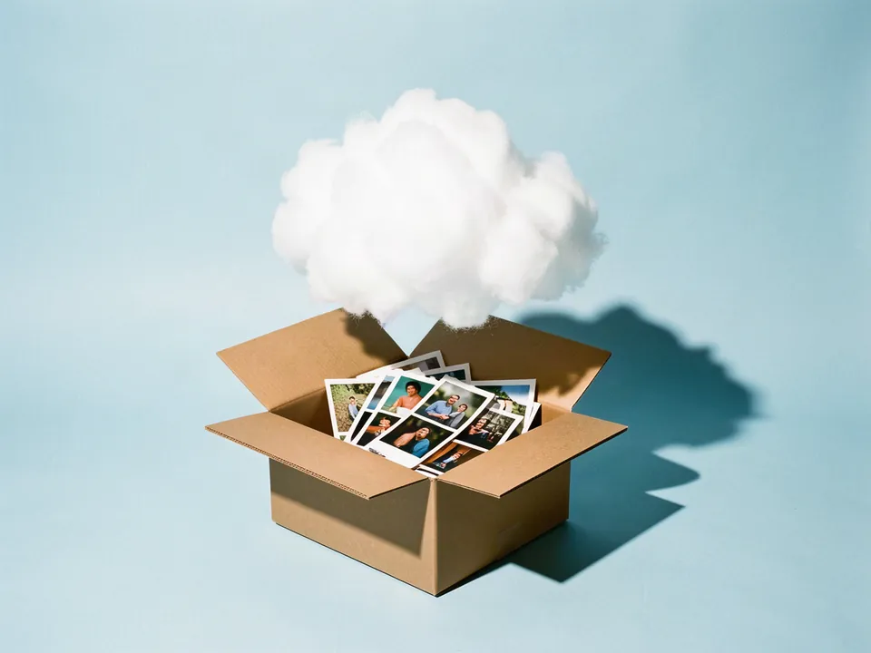 Una nube de algodón flotando sobre una caja de fotos antiguas