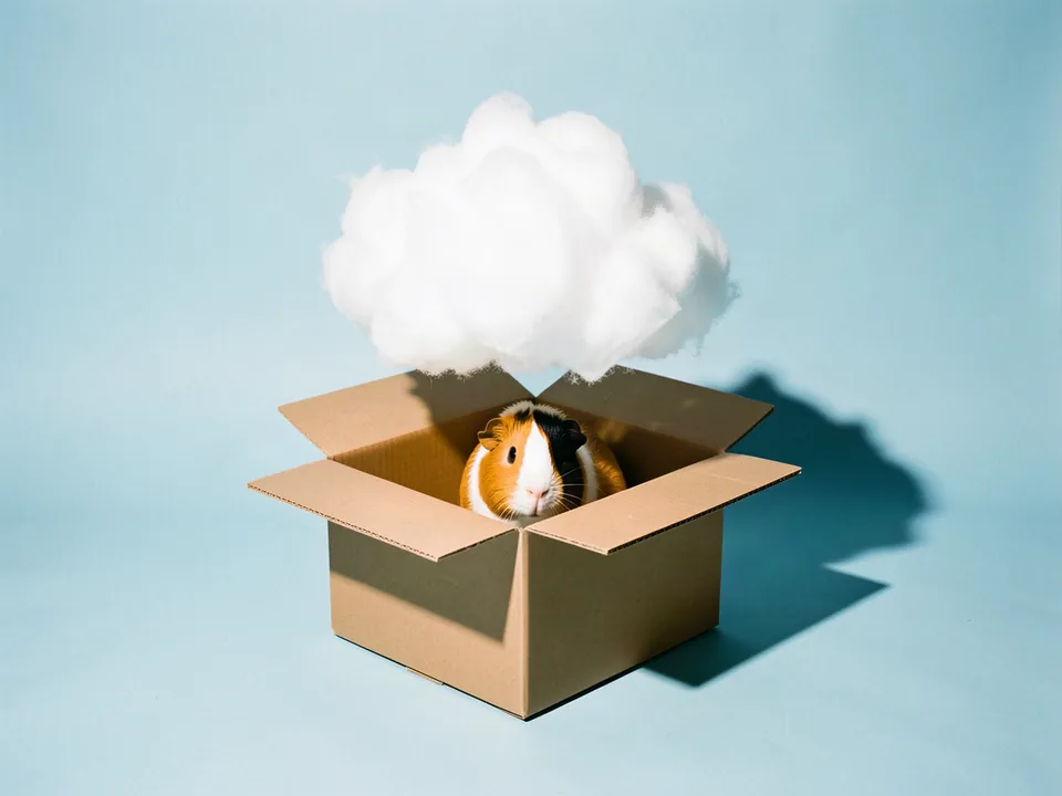 Un cuy dentro de una caja de cartón bajo una nube de algodón