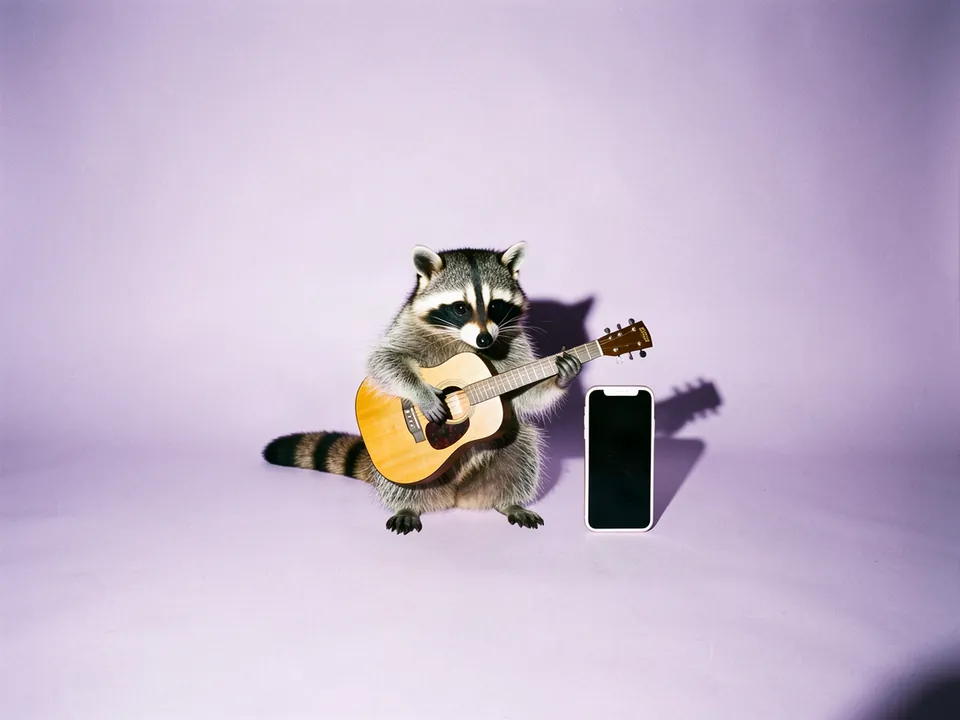 Un mapache tocando una guitarra acústica junto a un teléfono
