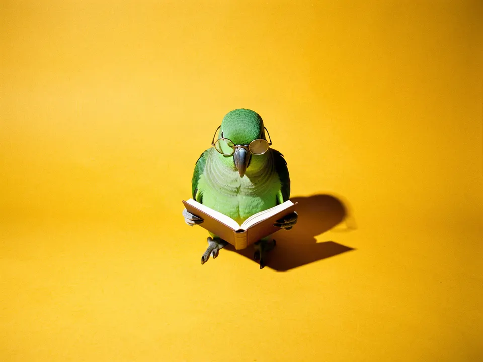 Un loro verde con lentes leyendo un librito