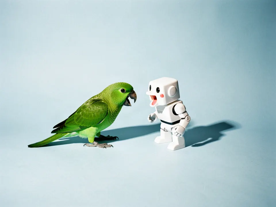 Un loro verde platicando con un robot de juguete