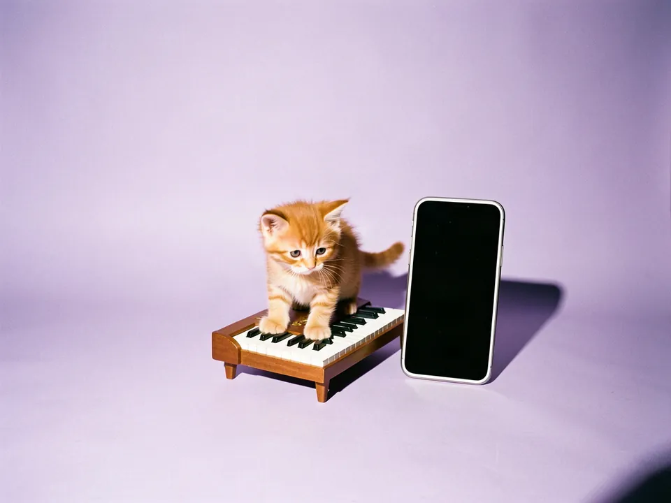 Un gatito naranja parado sobre las teclas de un piano de juguete junto a un teléfono