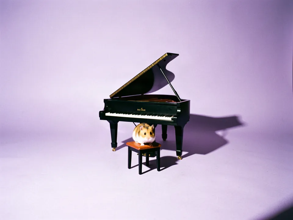 Un hámster sentado en un banquito frente a un piano de cola diminuto