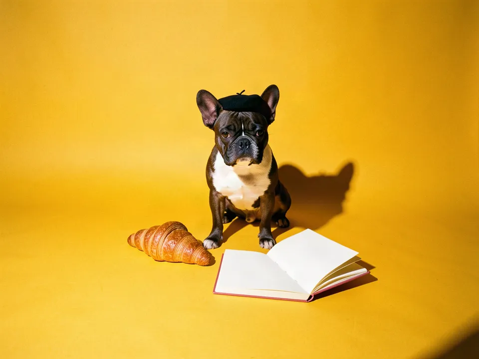 Un bulldog francés con boina junto a un cruasán y un cuaderno abierto