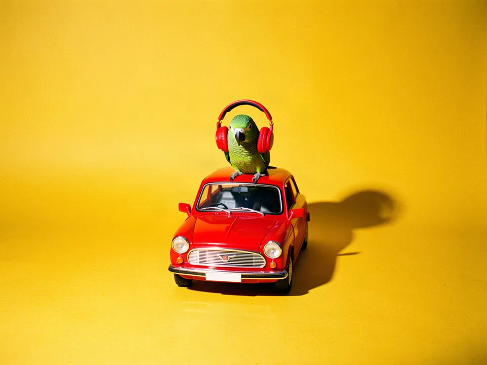 Un loro verde con audífonos rojos sobre el volante de un carrito de juguete
