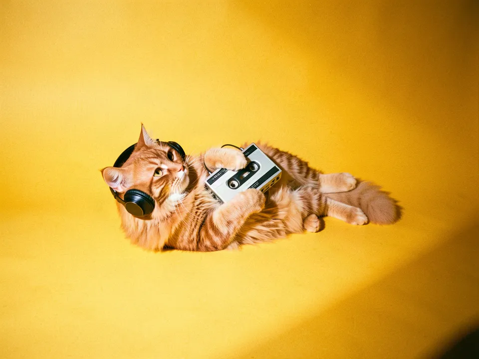 Un gato naranja acostado con audífonos abrazando una grabadora de casete