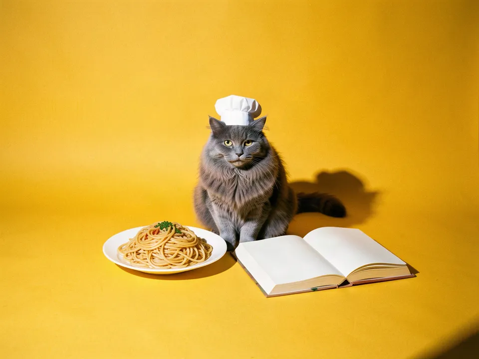 Un gato gris con gorro de chef junto a un plato de espagueti y un libro abierto