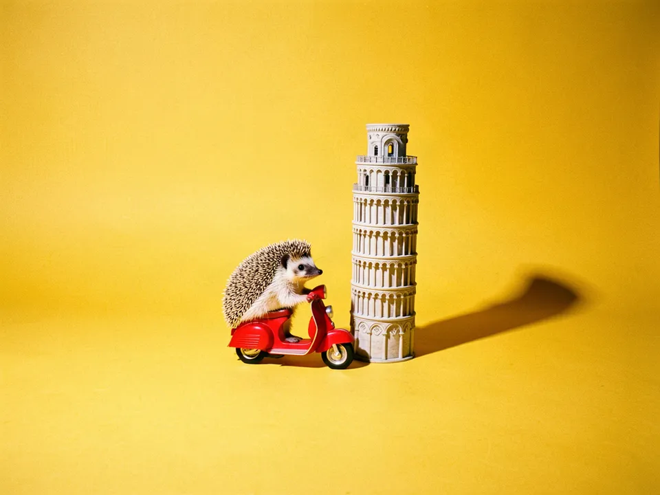 Un erizo en una motoneta roja junto a una Torre de Pisa en miniatura