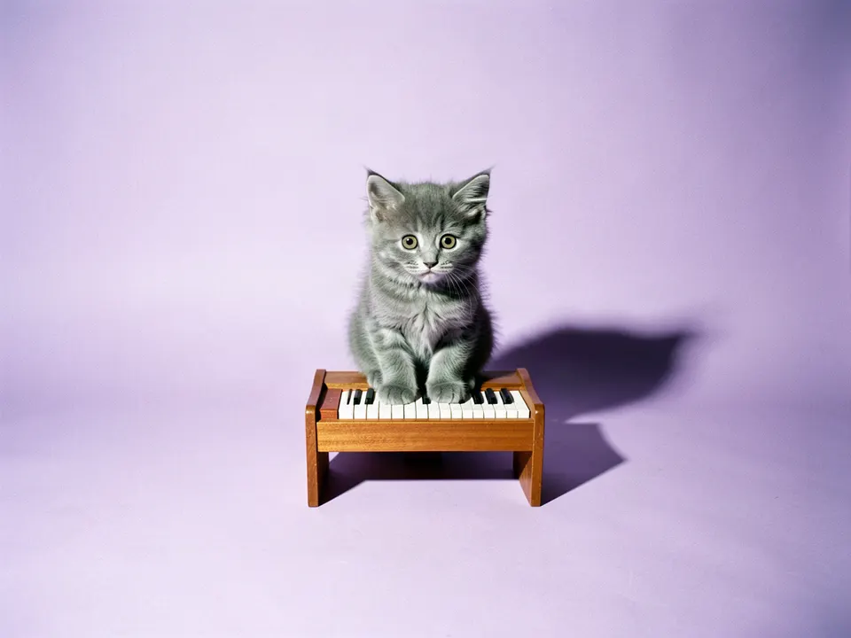 Un gatito gris sentado sobre las teclas de un piano de juguete