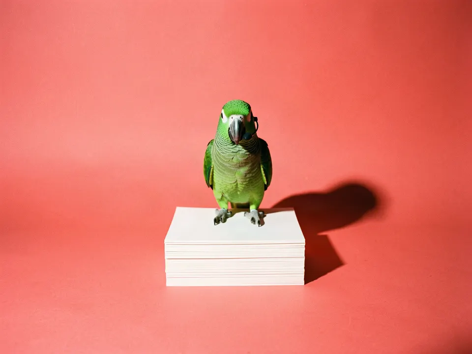 Un loro verde con micrófono de diadema sobre unas tarjetas
