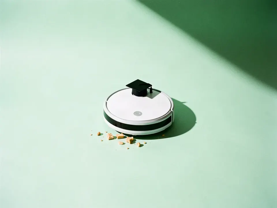 Una aspiradora robot con birrete de graduación