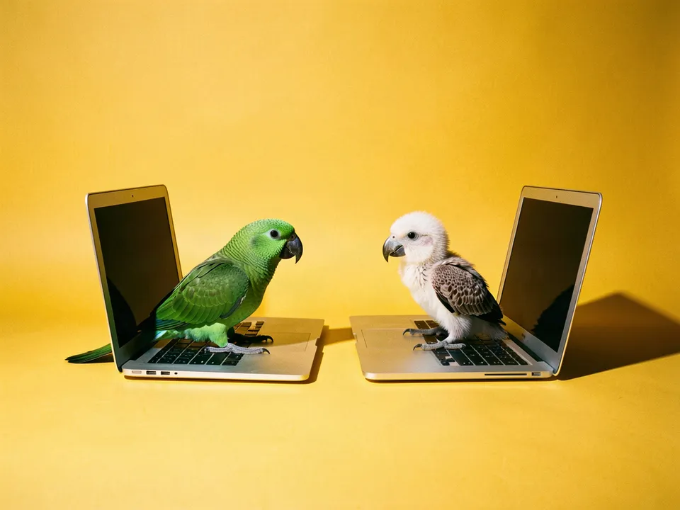 Un loro verde y un aguilucho frente a frente, cada uno con su laptop, como en videollamada
