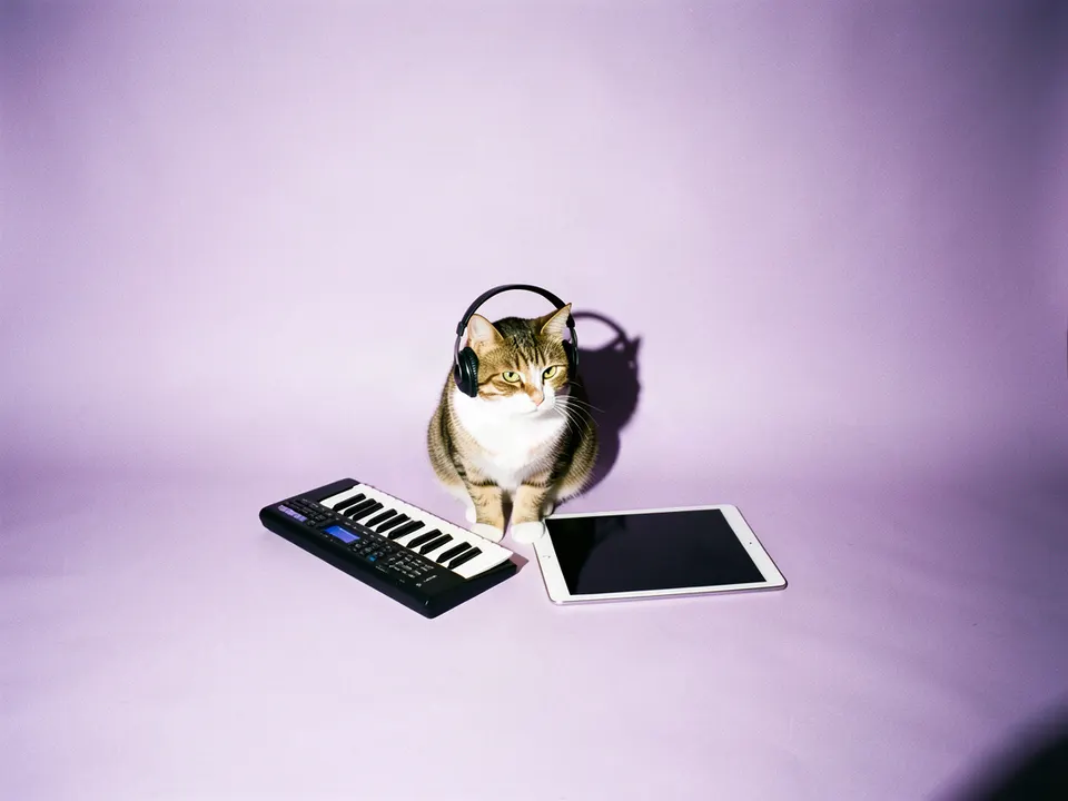 Un gato con audífonos junto a un teclado y una tableta