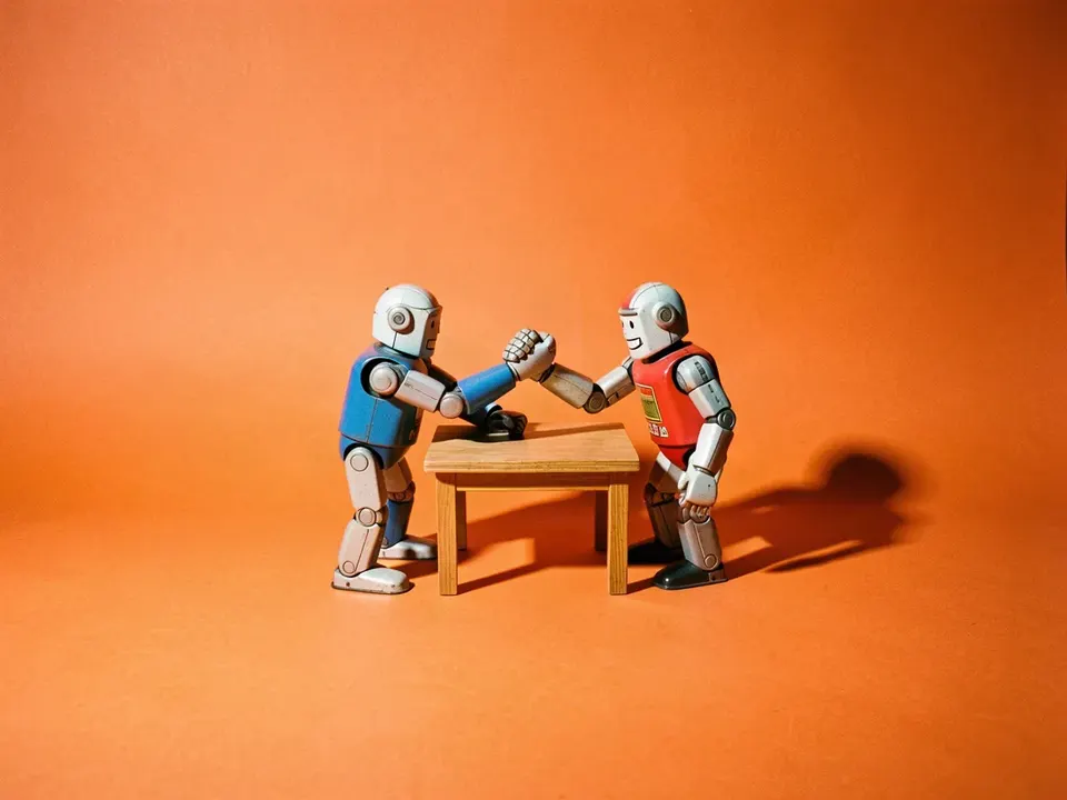 Dos robots de juguete jugando vencidas sobre una mesita