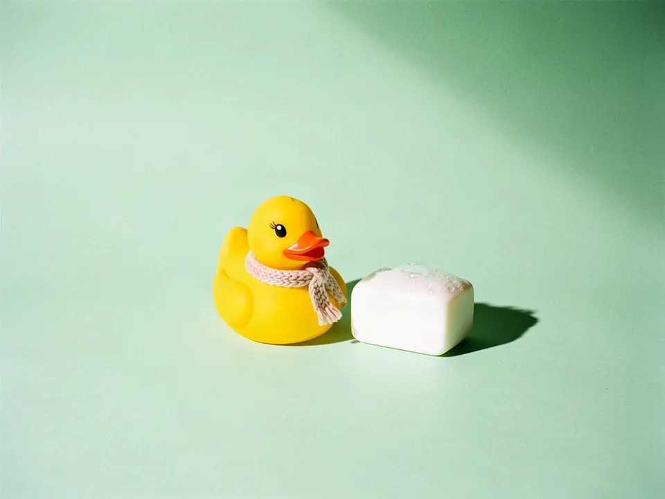Un patito de hule con bufanda junto a un jabón con espuma