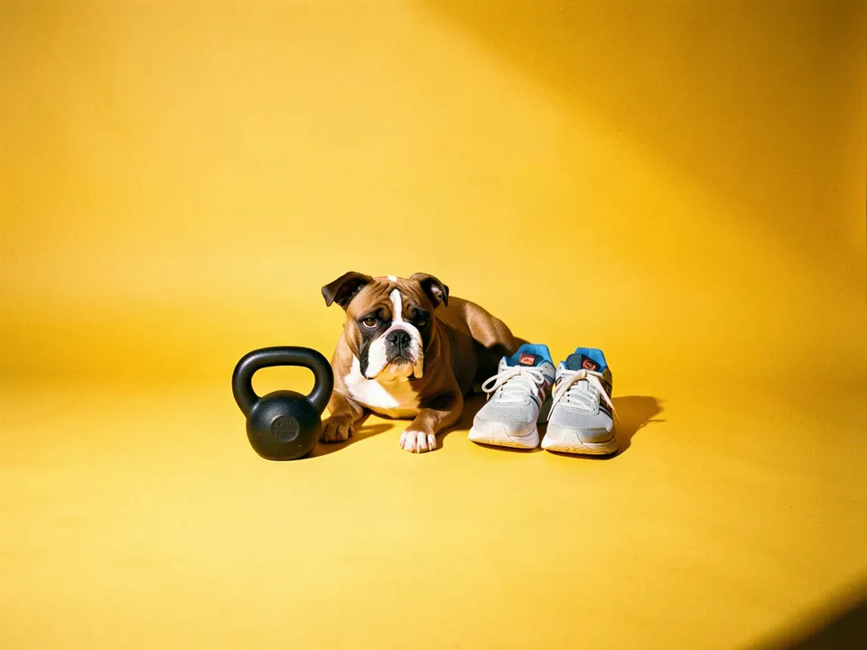 Un bulldog acostado junto a una pesa rusa y unos tenis