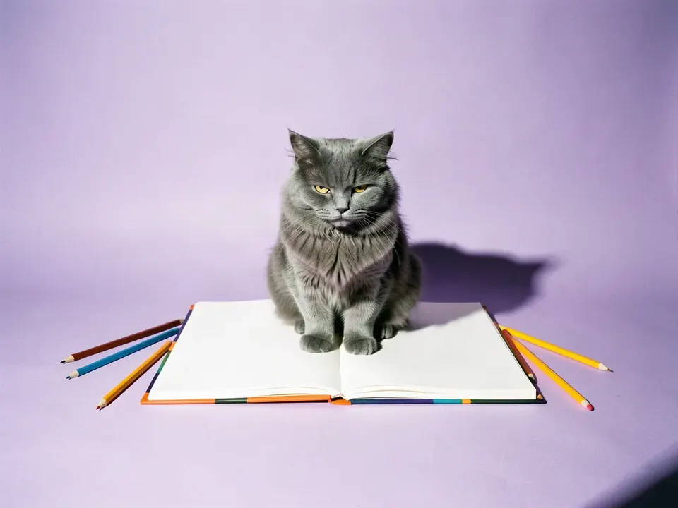 Un gato gris sentado sobre un cuaderno de dibujo con lápices de colores