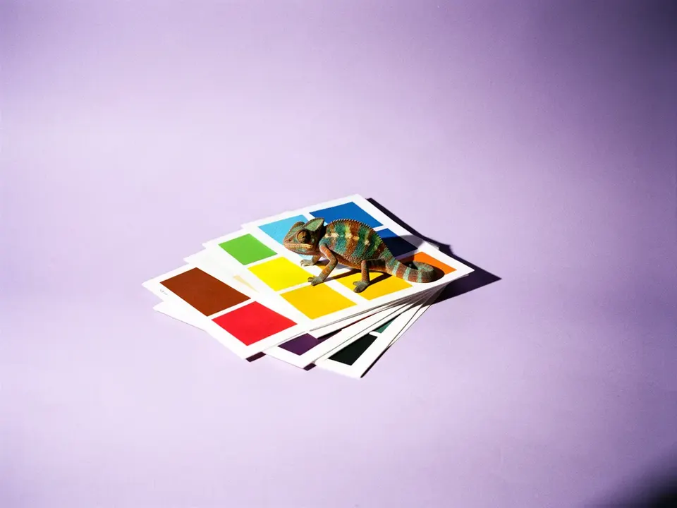 Un camaleón caminando sobre un abanico de muestras de color