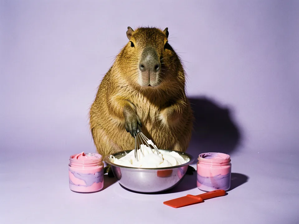 Un capibara bate mantequilla corporal en un tazón junto a dos frascos rosa y lila