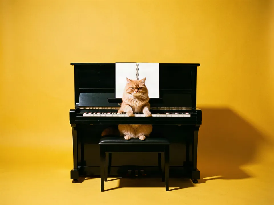 Un gato atigrado sentado frente a un piano vertical negro, con las patas sobre las teclas y un cancionero abierto en el atril