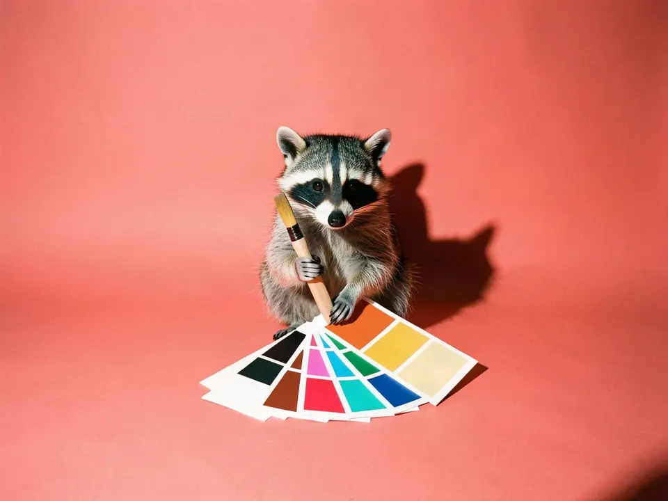 Un mapache con un pincel y un abanico de muestras de color