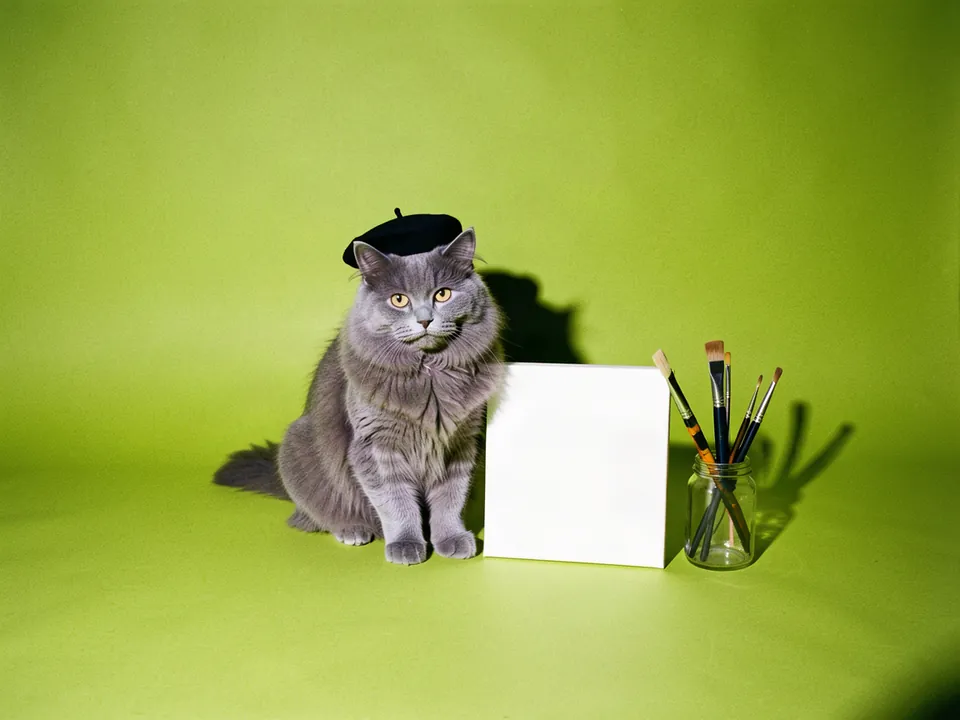 Un gato gris con boina sentado junto a un lienzo en blanco y pinceles