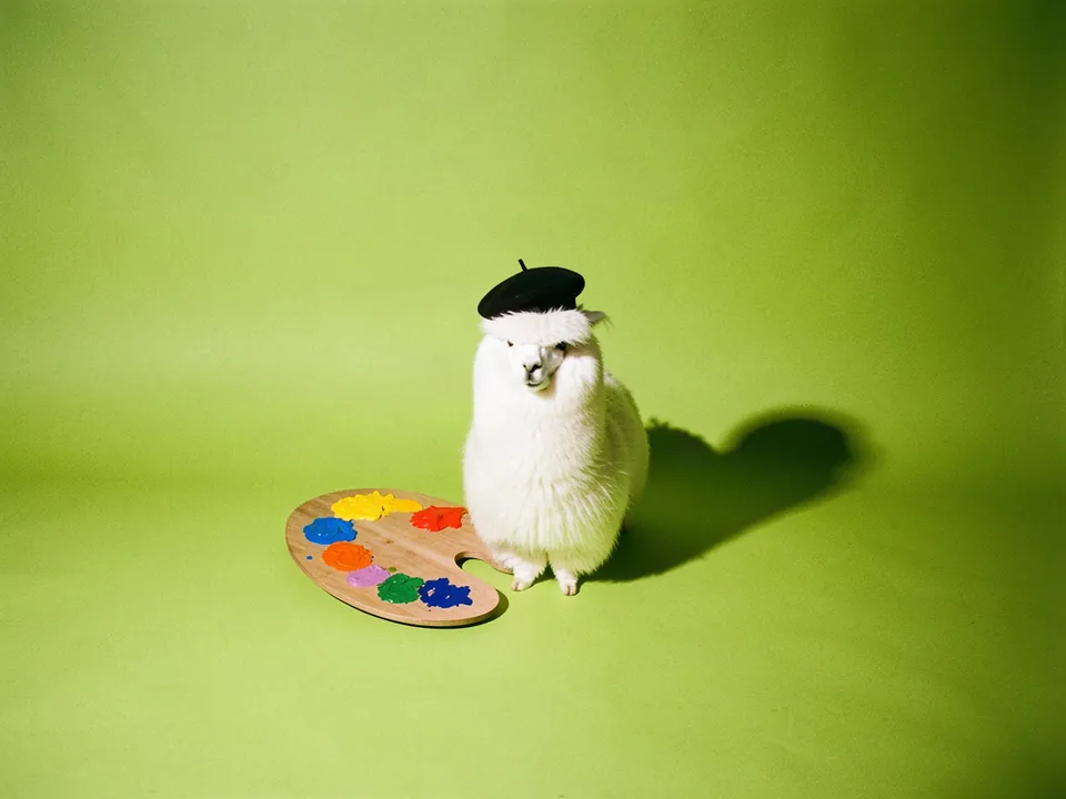 Una alpaca blanca con boina junto a una paleta de pintura