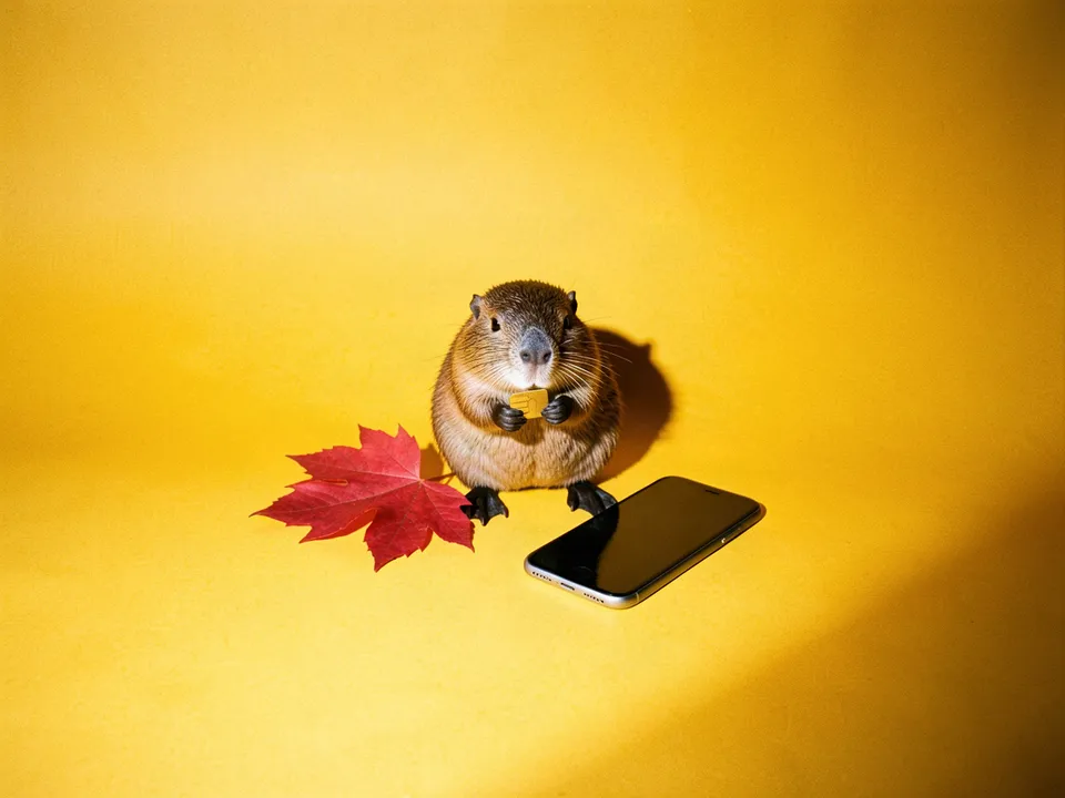 Un castor con una tarjeta SIM dorada junto a una hoja de maple roja y un celular