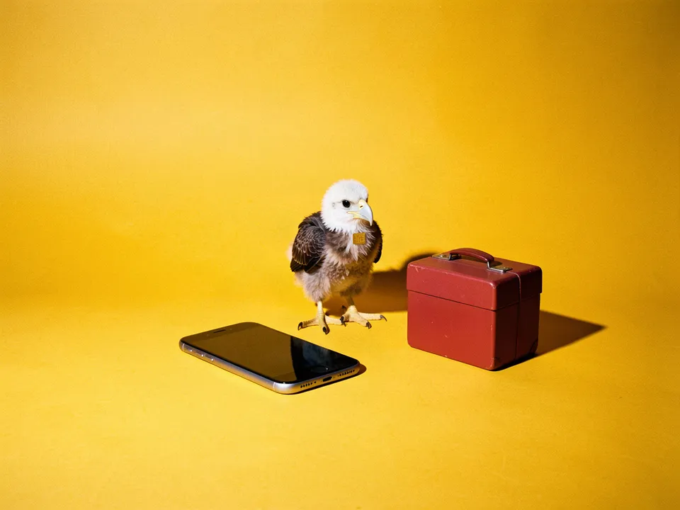 Un aguilucho con una tarjeta SIM dorada en el pico junto a un celular y una maleta roja