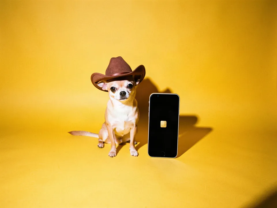 Un chihuahua con sombrero vaquero junto a un celular y una tarjeta SIM dorada