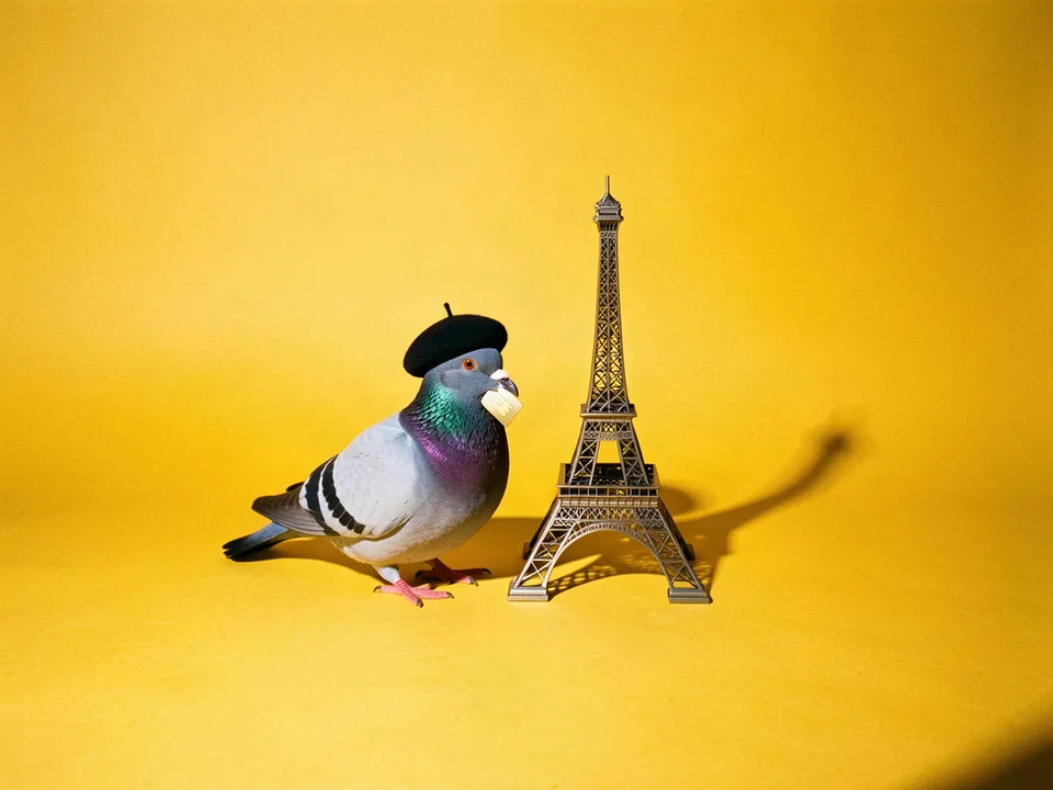 Una paloma con boina y una tarjeta SIM dorada en el pico junto a una Torre Eiffel en miniatura