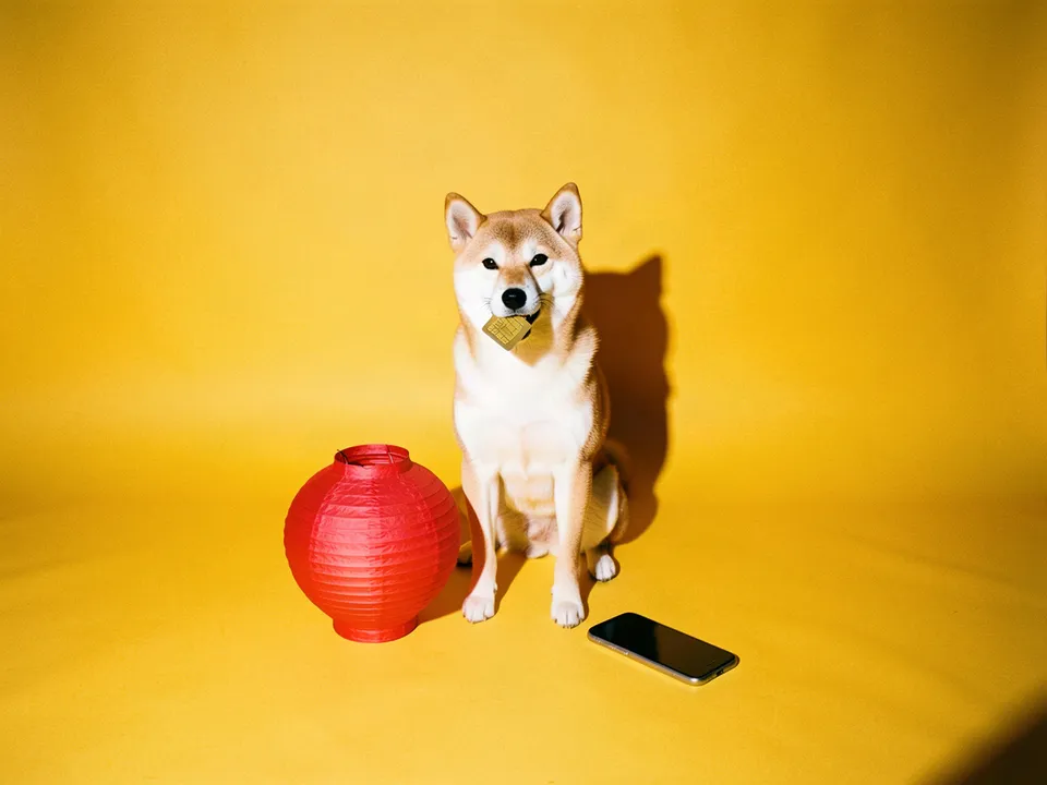 Un perro shiba inu con una tarjeta SIM dorada en el hocico junto a un farol rojo de papel