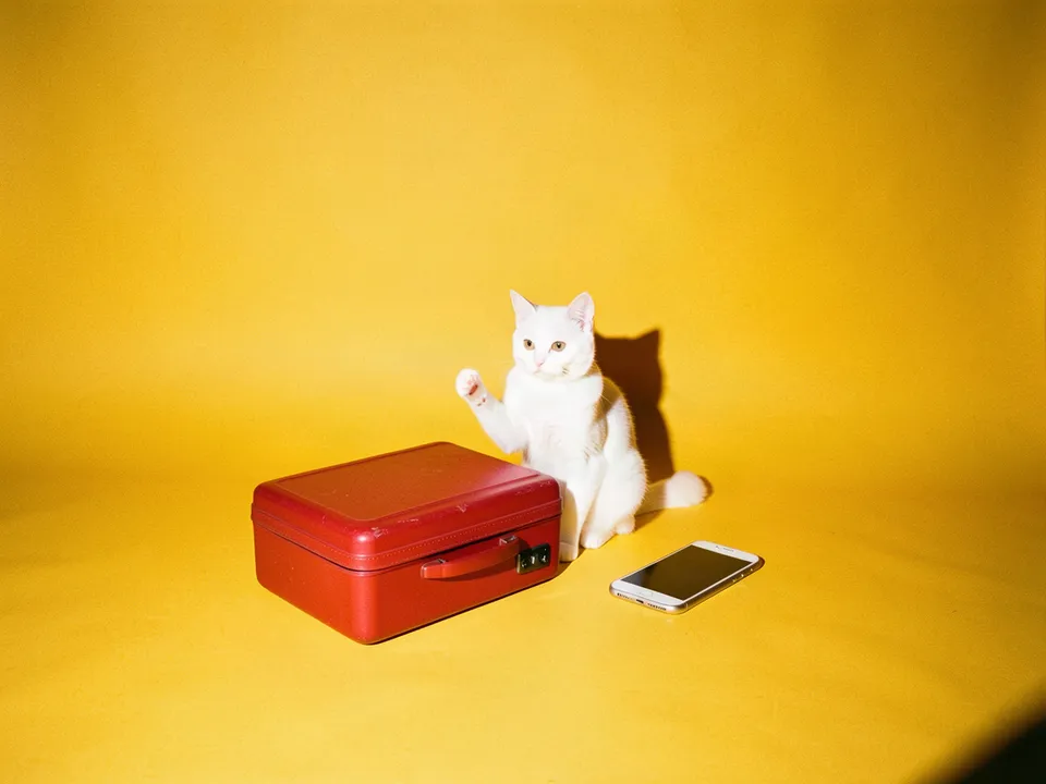 Un gato blanco con la pata levantada junto a una maleta roja y un celular