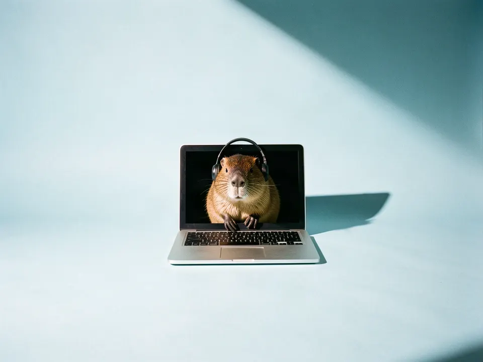 Un castor con diadema frente a una laptop