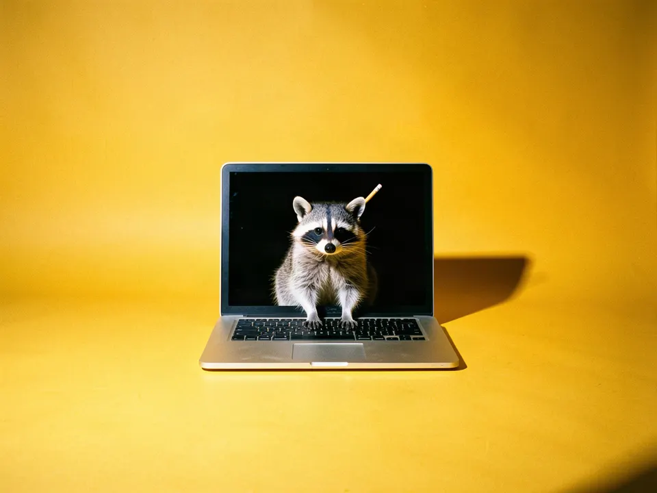 Un mapache con un lápiz en la oreja frente a una laptop
