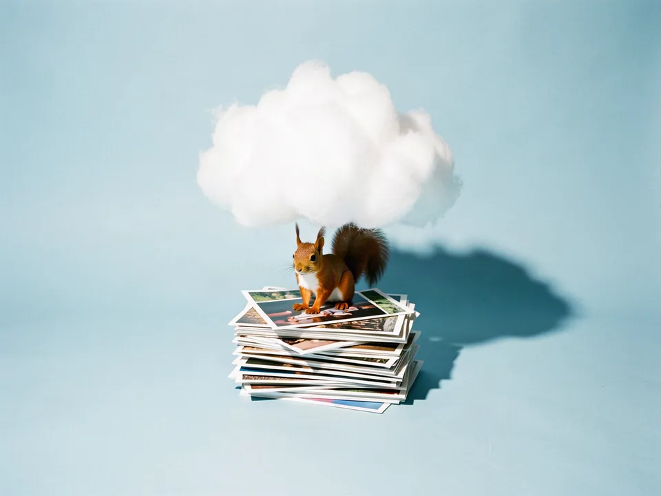 Una ardilla apilando fotos impresas bajo una nube de algodón