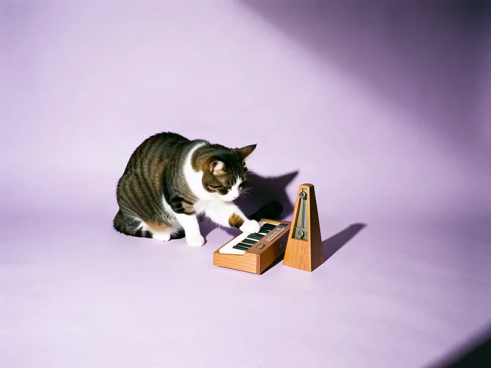 Un gato tocando un piano de juguete junto a un metrónomo