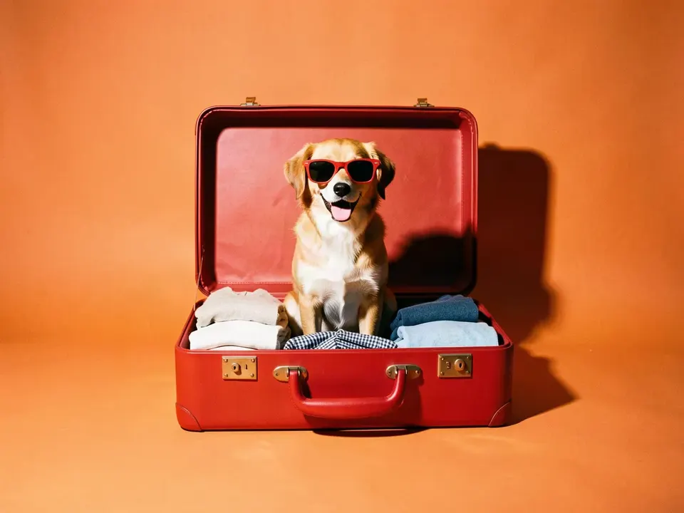 Un perro con lentes de sol sentado dentro de una maleta roja abierta