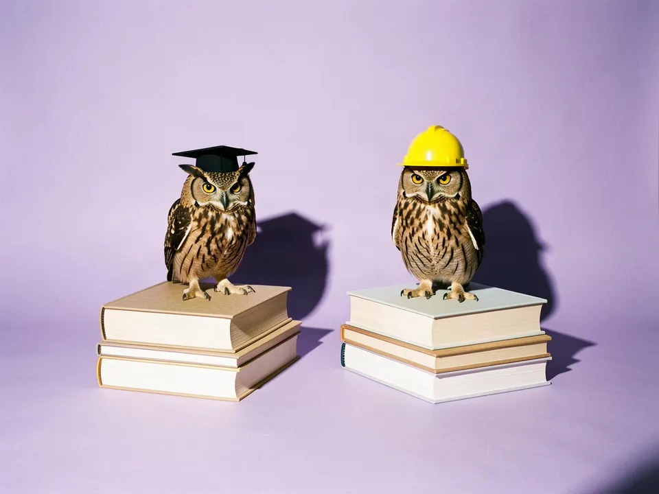 Dos búhos sobre libros, uno con birrete y otro con casco
