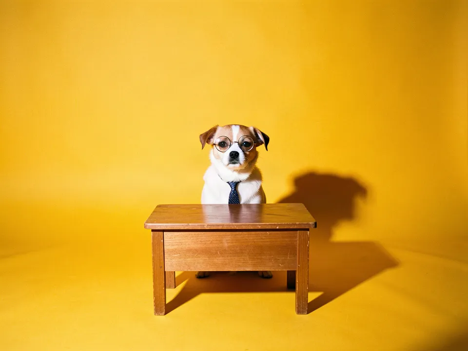 Un perro con lentes y corbata detrás de un escritorio, muy serio