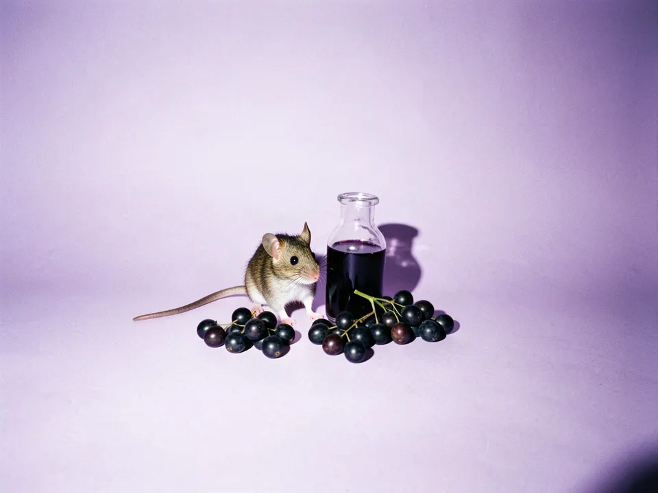 Un ratón junto a una botella de jarabe morado y bayas de saúco