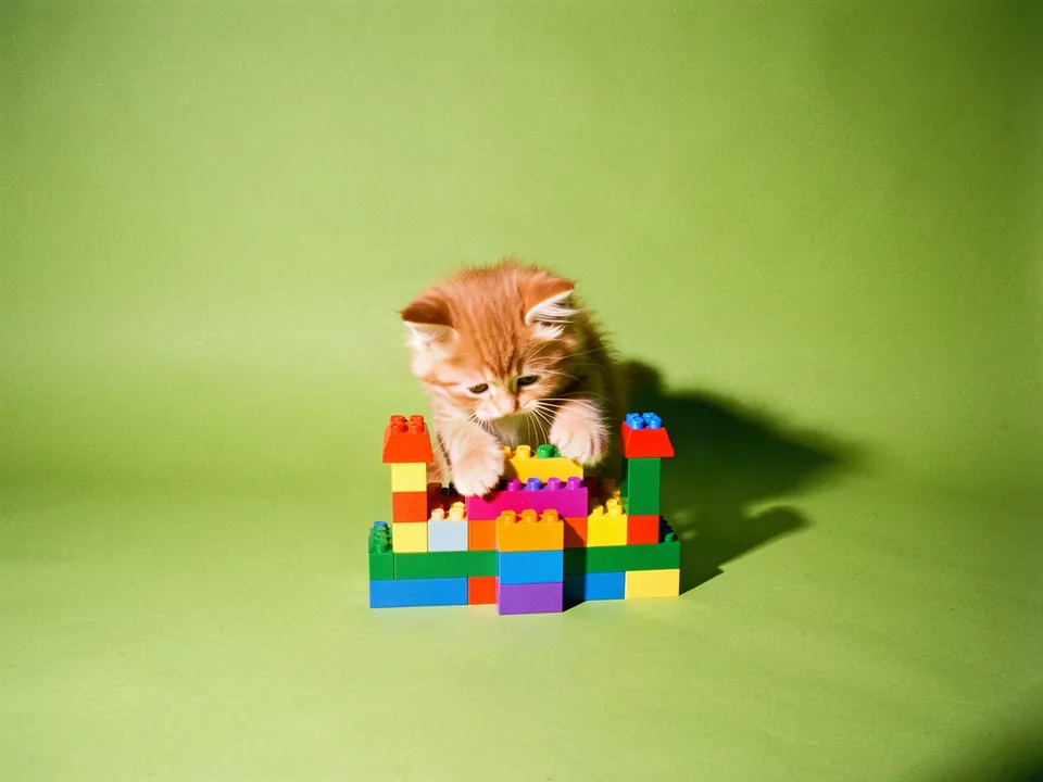 Un gatito naranja jugando con bloques de plástico armados como un castillo