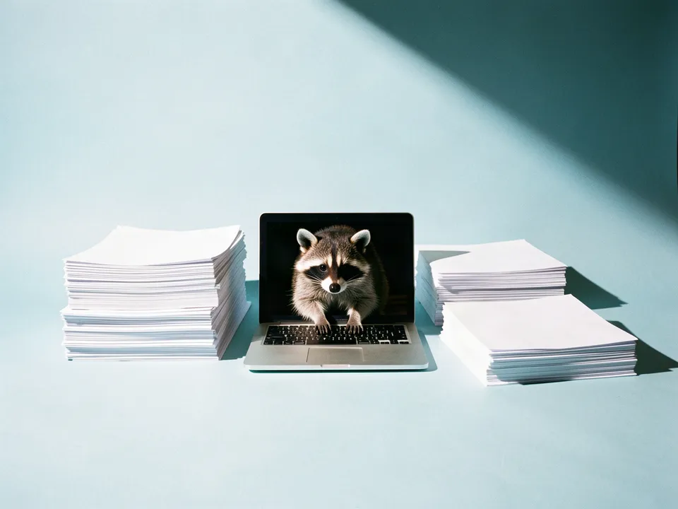 Un mapache tecleando en una laptop rodeado de pilas de documentos en blanco