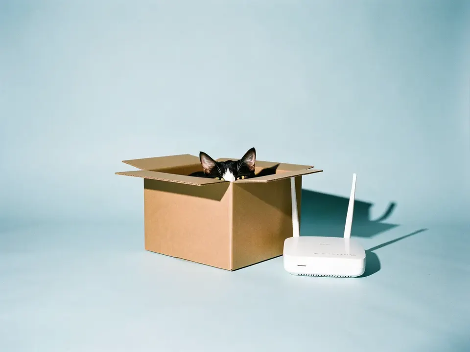 Un gato escondido en una caja de cartón junto a un router wifi