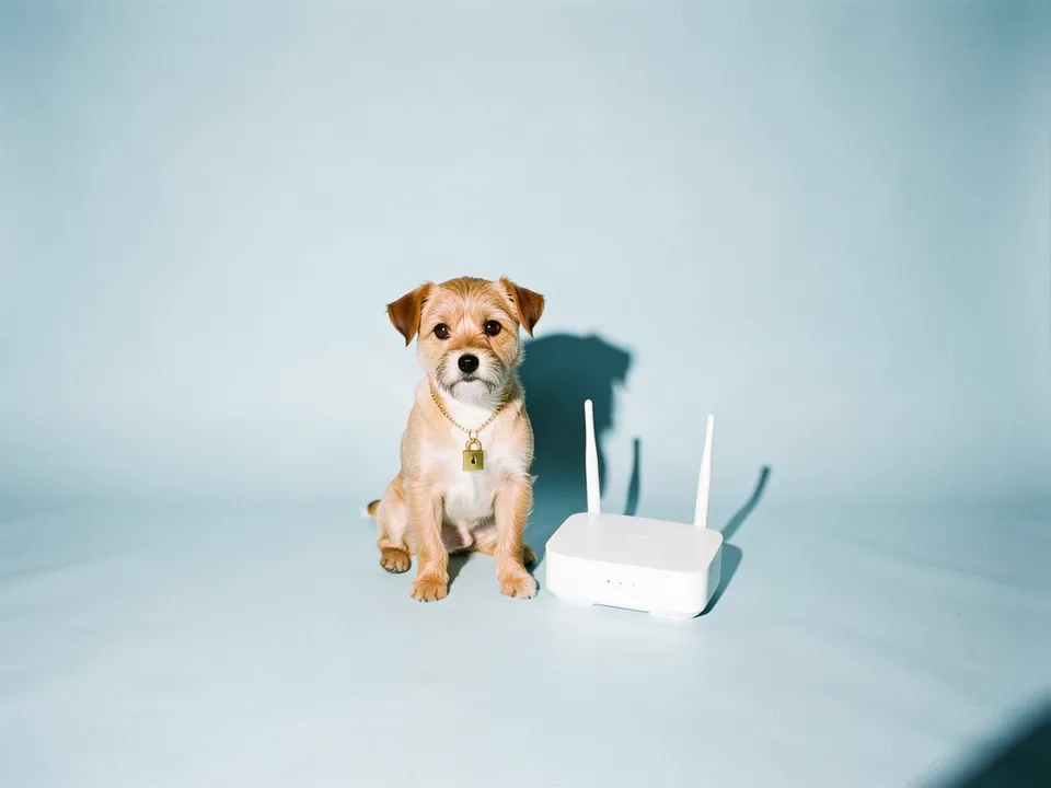 Un perrito con un candado dorado al cuello junto a un router