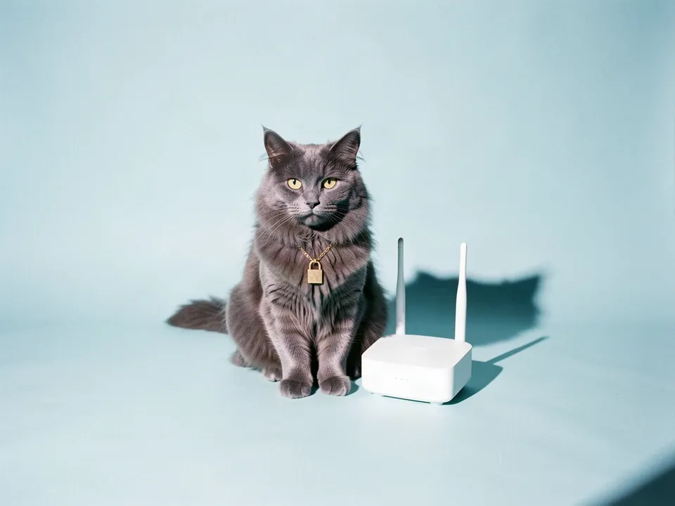 Un gato con un candado dorado al cuello sentado junto a un router