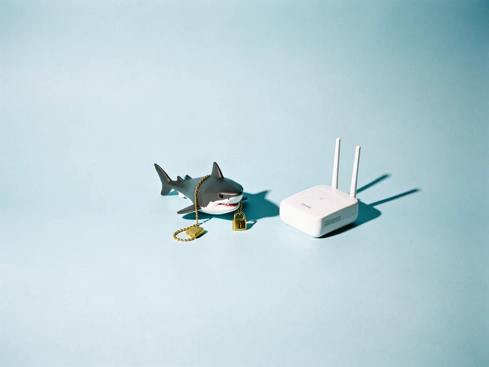 Un tiburón de juguete con un candado dorado de collar junto a un router wifi