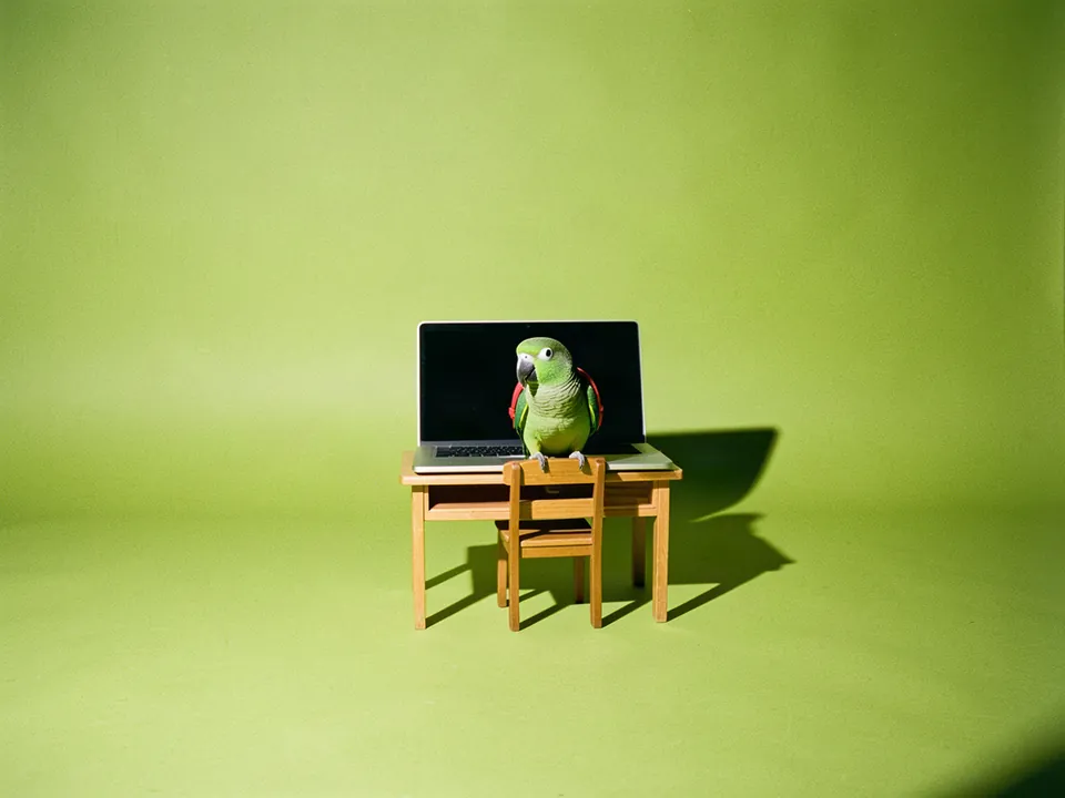 Un loro verde con mochila roja sentado en un pupitre frente a una laptop